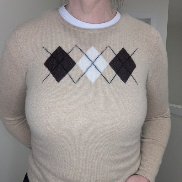 Land's End 100% Cashmere Camel Argyle Crewneck Sweater Womens Size Medium - Picture 4 of 9